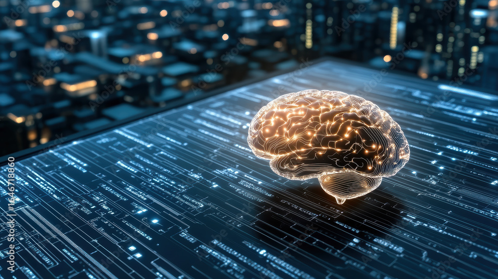 Poster glowing brain model on digital circuit board, symbolizing advanced technology and intelligence