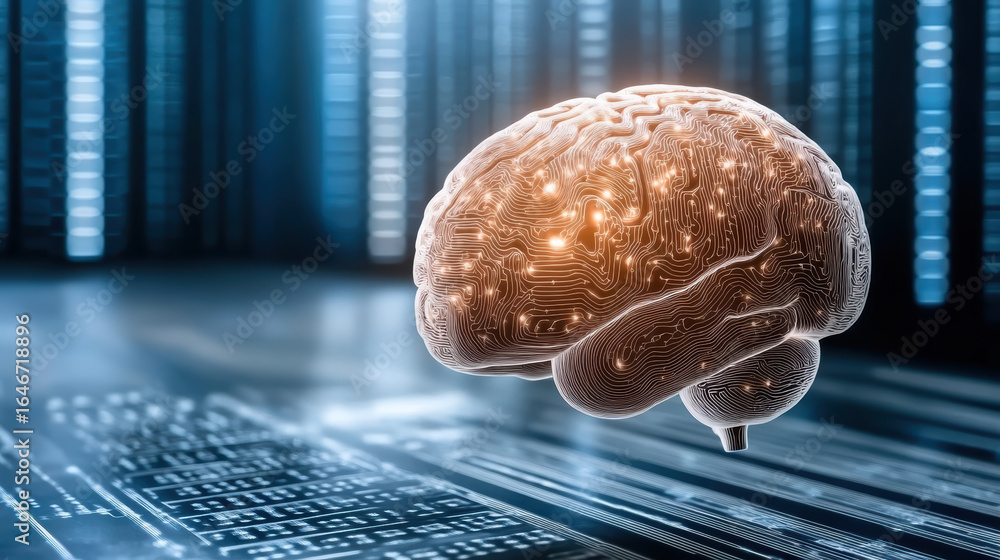 Poster digital brain with intricate circuitry glows futuristic environment, symbolizing advanced