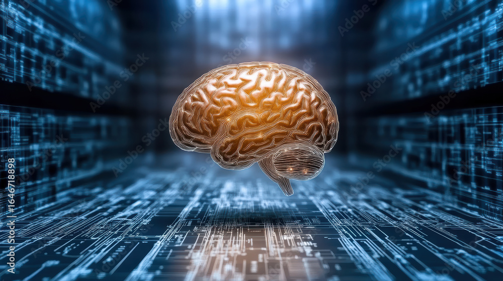 Poster digital brain model surrounded by futuristic circuit background symbolizes advanced technology
