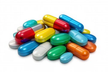 Colorful pharmaceutical pills scattered on transparent surface, symbolizing medical treatment and healthcare diversity