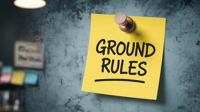 Yellow sticky note with ground rules text and thumbtack