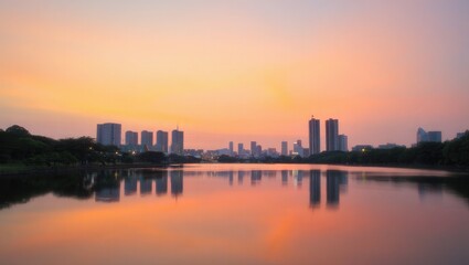 City Skyline Reflected in a Calm Lake at Sunset water