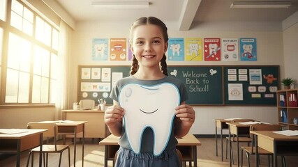 Smiling girl holding tooth cutout in classroom with dental health posters