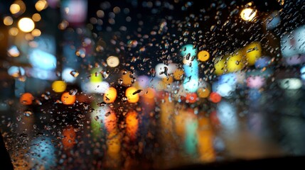 Rainy night city lights through wet car window