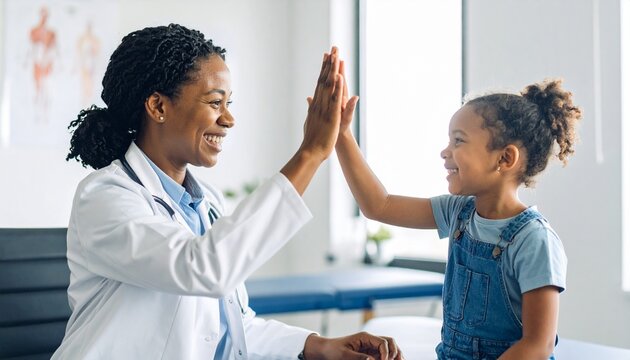 Smiling female doctor give high five to little biracial patient. Detailed high quality. 