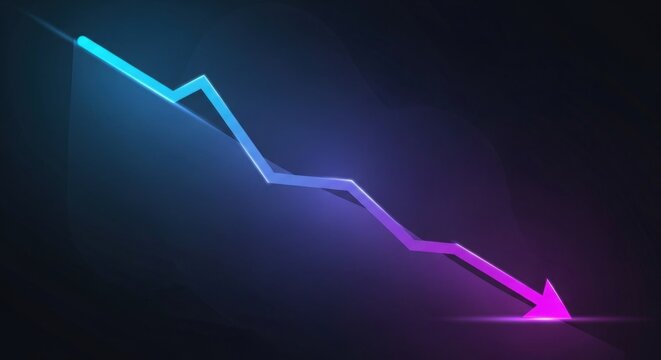 A downward trending arrow in blue and purple neon colors against a dark background, symbolizing financial loss, economic decline, and negative market trends