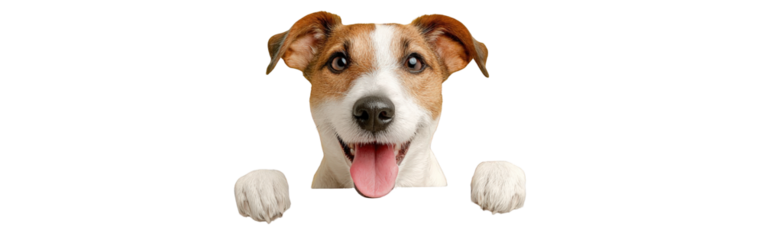 Happy Jack Russell Terrier dog with brown and white fur peeking with its paws up.