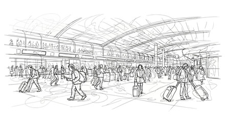 Fototapeta premium A dynamic and abstract line art illustration depicting chaos in an airport terminal. Swirling lines represent confusion, delays, and crowds, perfect for themes of travel disruption.