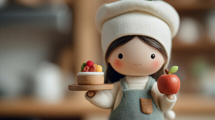Cute baker girl figurine holding a cupcake and an apple