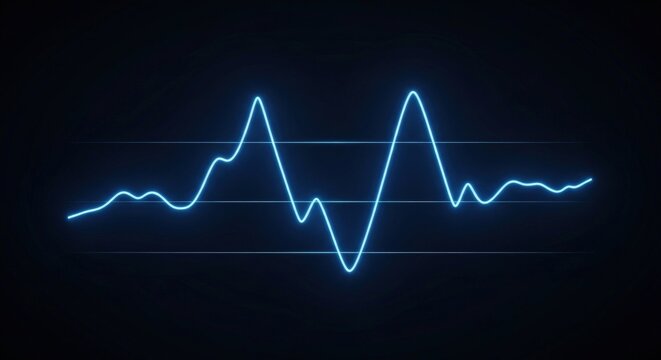 A vibrant neon blue waveform signal against a dark background, illustrating abstract technology and scientific data representation with glowing lines and dynamic patterns