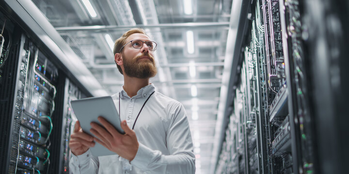 Ein Mann steht in einem Serverraum und macht sich Notizen. Internetserver Serverfarm