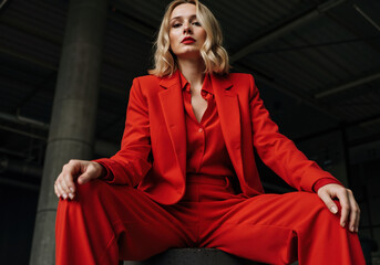Fototapeta premium Woman in striking red business suit sitting confidently in modern office environment. Professional corporate attire for executive meetings and business presentations