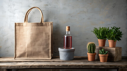 Reusable shopping bag with bottle of wine and potted plants against a textured wall