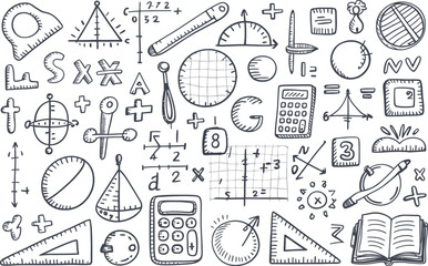 Hand drawn math and education symbols doodle art mathematics