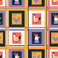 Cute cartoon chicken on frame seamless pattern. Vector illustration background for textile, clothing, kids fabric or nursery decor, wrapping paper, mug, stationery, cover and more