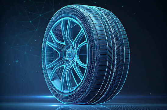 Futuristic Car Tire Illustration with Blue Neon Wireframe Design and Advanced Technology Elements Perfect for Automotive Industry and Innovation Concepts