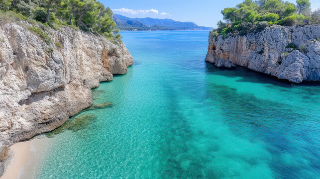 Crystal clear turquoise water meets rocky cliffs in serene coastal landscape