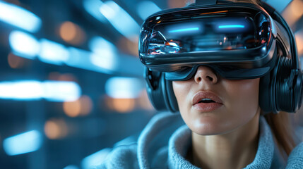 Immersive virtual reality experience with woman wearing VR headset, showcasing excitement