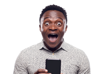 Excited Black man with smartphone on transparent background. Reaction shot for digital media, branding.