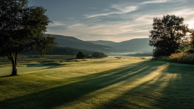 Early morning sun illuminating the golf course with fresh dew on the grass and gentle hills in the background