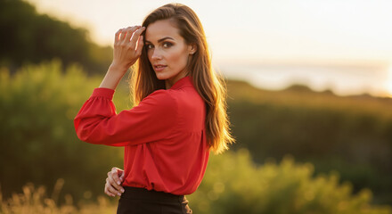 Fototapeta premium Woman in red blouse with hand on head at golden hour field. Autumn fashion portrait for seasonal clothing and outdoor lifestyle campaigns