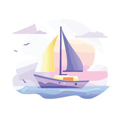 Stylized sailboat with yellow and blue sails sailing on wavy water