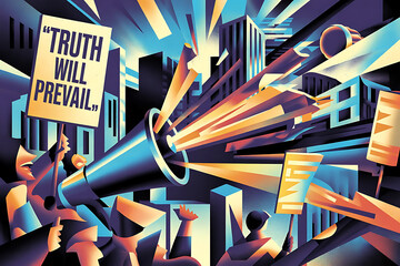 Bold Graphic Illustration of a Protest with Signs and a Megaphone Conveying a Message of Truth and Justice in the City