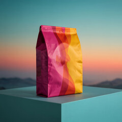 Colorful Coffee Packaging Mockup with Abstract Design Standing on a Turquoise Podium against a Sunset Sky Background for Branding and Marketing