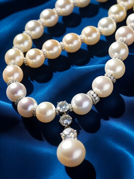 Elegant Pearls Cascading on Blue Velvet High Angle Close Up Capturing Luxury Jewelry and Its Shiny Iridescence with Refined and Expensive Craftsmanship