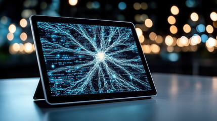 Digital tablet displaying quantum neural networks with glowing connections and data visualization