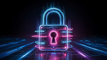 Cybersecurity lock protecting digital data in a futuristic neon environment illustrating network security and protection against cyber threats for secure online transactions and privacy of information