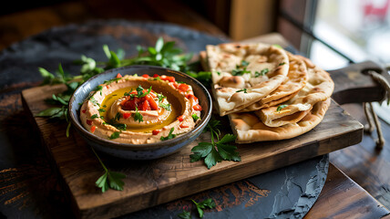 Delicious hummus with pita bread a healthy and tasty appetizer perfect for sharing with friends and family on a rustic wooden serving board