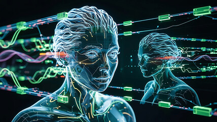 Digital human representation of artificial intelligence with interconnected networks and data flow