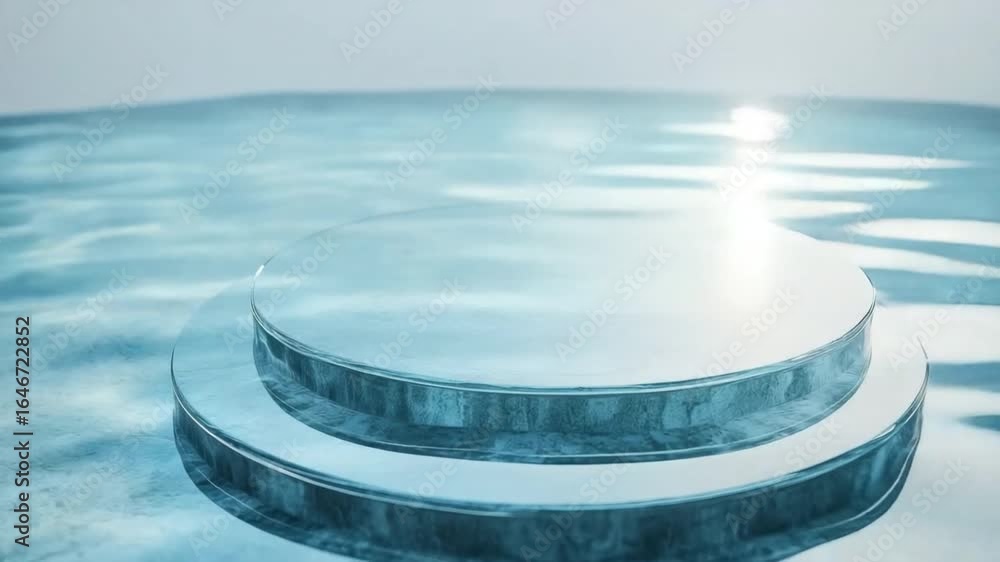 Poster serene reflection on water with circular platform surrounded by calm blue waves and soft light
