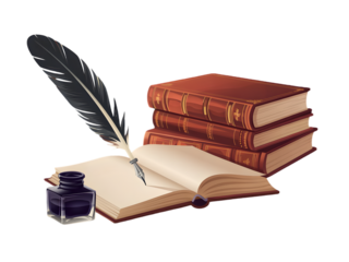 Old books quill inkwell writing isolated on a transparent background antique brown