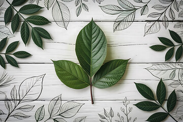 Elegant Green Leaves Arrangement on White Wooden Surface with Artistic Leaf Outlines Creating a Natural and Serene Aesthetic for Botanical and Organic Designs
