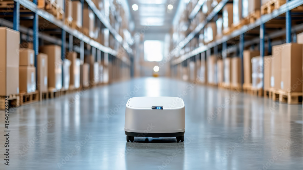 Poster automated robot navigating through smart warehouse filled with cardboard boxes, showcasing