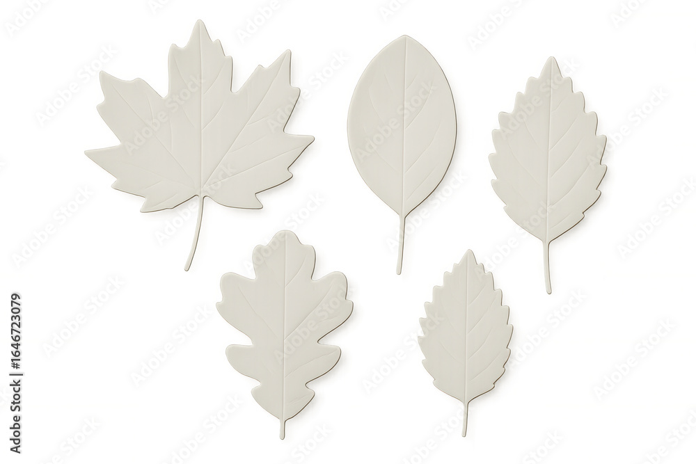 Poster different white paper cutout leaves creating an intricate pattern on a transparent background, addin