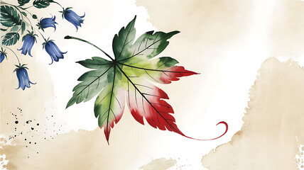 Elegant Watercolor Illustration of Maple Leaf and Bellflowers with Autumnal Colors for Creative Projects and Designs