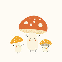 Three whimsical cartoon mushrooms with happy faces and raised arms