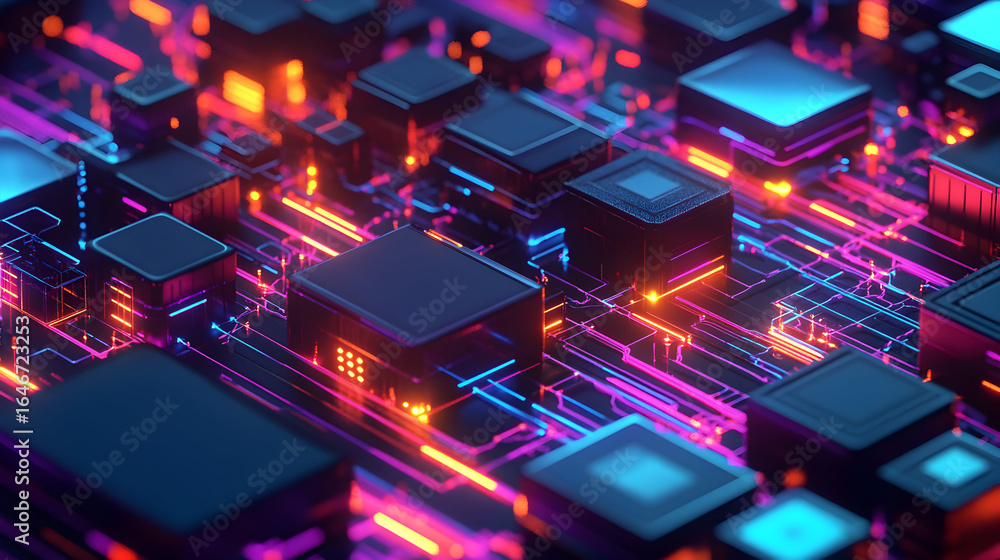 Poster futuristic technology: abstract microchip circuit board with neon light reflections