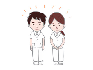Illustration of young male and female nurses standing side by side with smiles