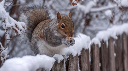 Squirrel eating nut snowy day
