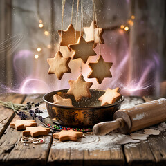 Festive Star Cookies Hanging Over Rustic Wooden Table with Flour and Rolling Pin for Christmas Baking Concept