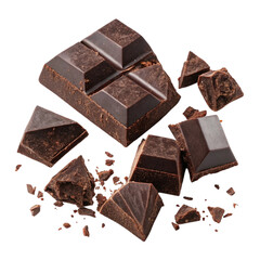 Rich dark chocolate bar pieces scattered on white background