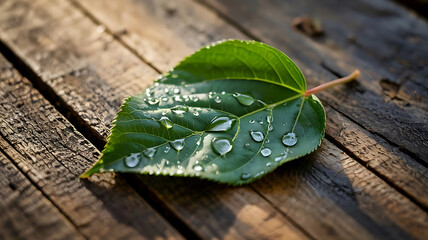 Fresh Green Leaf with Sparkling Water Droplets on Weathered Wood Surface Close Up Macro Shot Capturing the Beauty of Nature and Simplicity