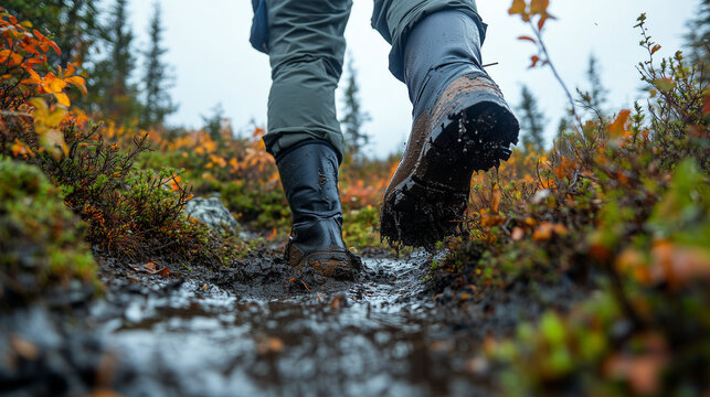 Durable hiking boots covered in mud walk on a wet, rugged forest trail. Vibrant autumn leaves and lush green plants line the path, showing a wilderness journey.