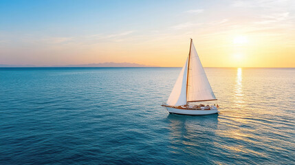 Fototapeta premium Sailboat drifting across glowing horizon, creating serene atmosphere at sunset
