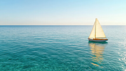Fototapeta premium Sailboat drifting across calm ocean waters under clear blue sky, evoking tranquility and peace