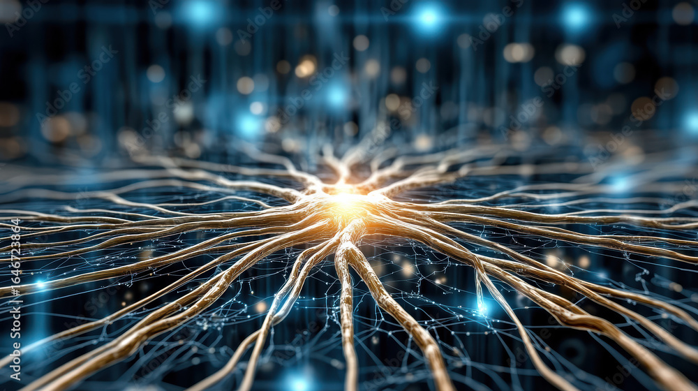 Poster neuroscience concept showcasing intricate neural connections with glowing synapses